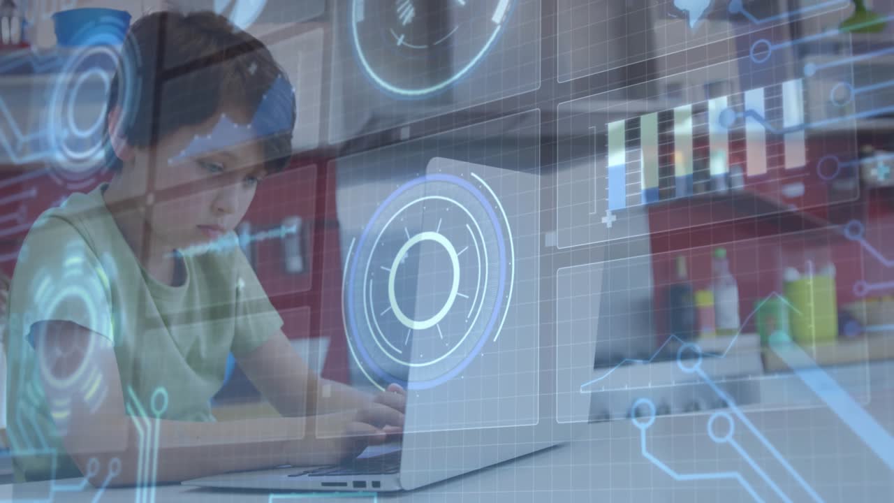 Boy typing on laptop keyboard while glancing at charts and progress bars appearing for learning