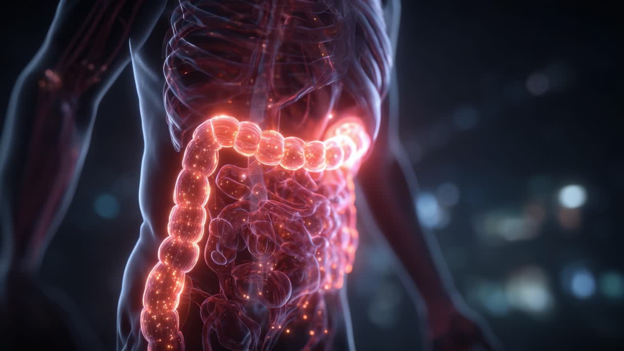 Straordinaria visualizzazione del sistema digestivo umano che mostra dettagli intricati degli intestini e delle strutture circostanti in una moderna rappresentazione artistica