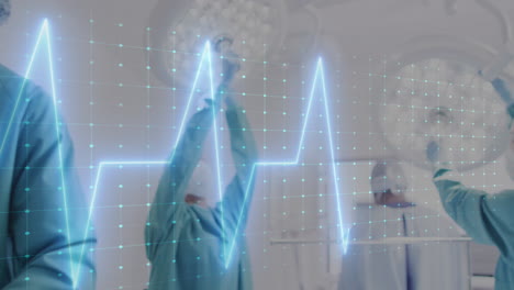animación de cardiógrafo sobre diversos cirujanos que operan a un paciente en el hospital