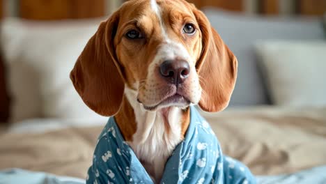 a dog wearing a blue pajamas sitting on a bed