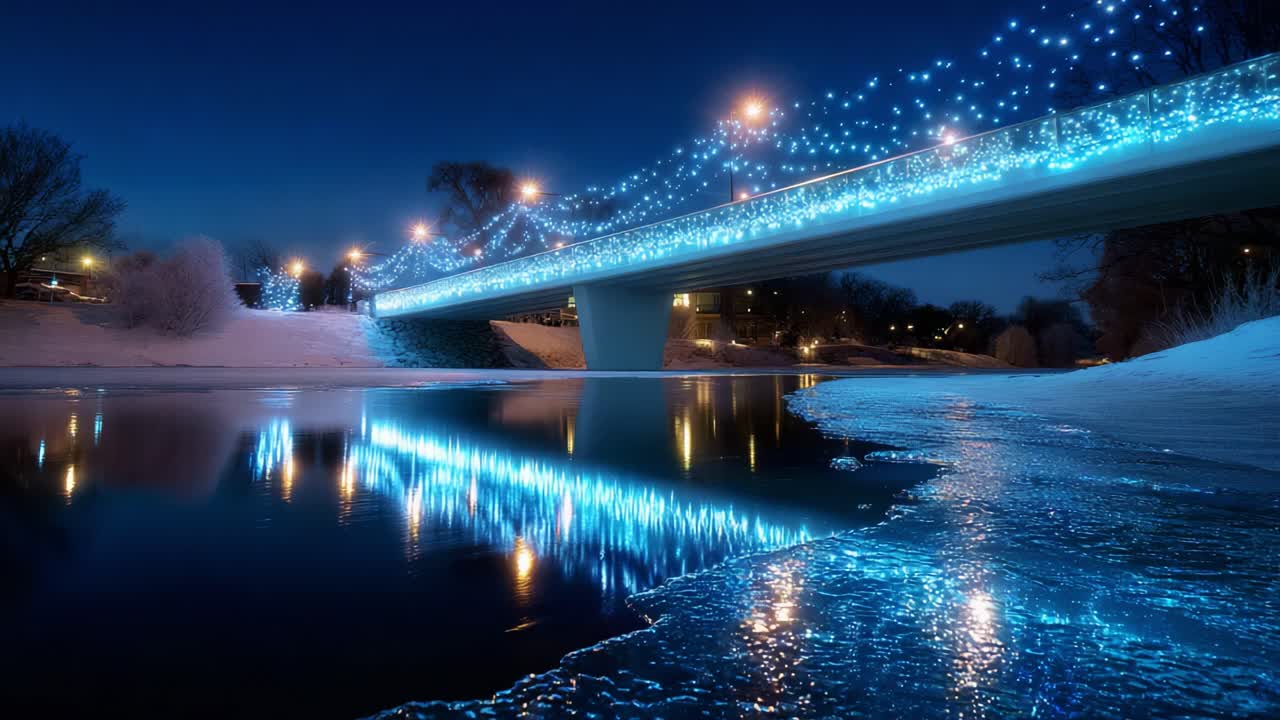 Stunning Bridge Illuminated with Christmas Lights Reflects Beautifully on Icy Water, Creating a Magical Winter Scene at Night with a Serene Atmosphere and Sparkling Blue and White Decorations