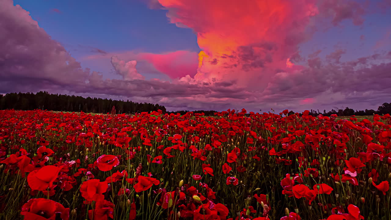 붉은 양귀비 꽃밭 위에 화려한 하늘과 구름
