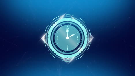 animation of clock with rotating hands over square network of connections on blue background