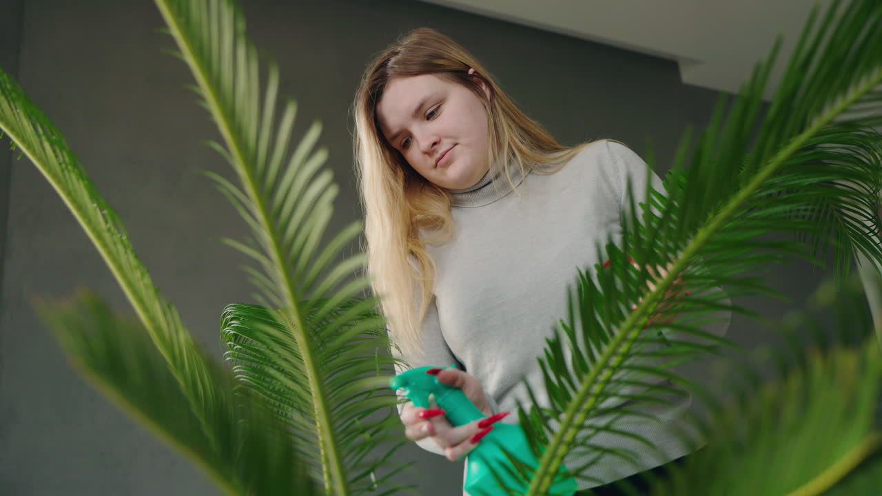 Woman spraying a palm plant