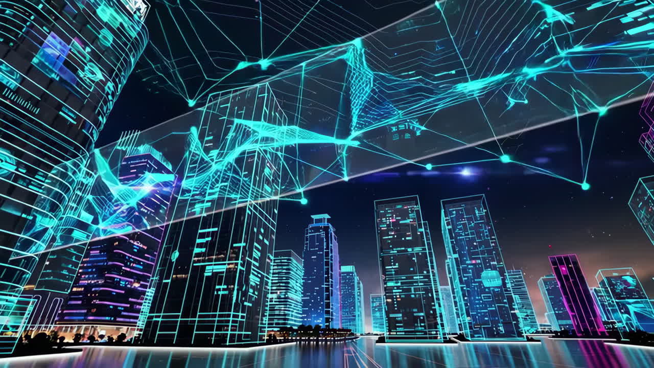 Futuristic Cityscape with Digital Network