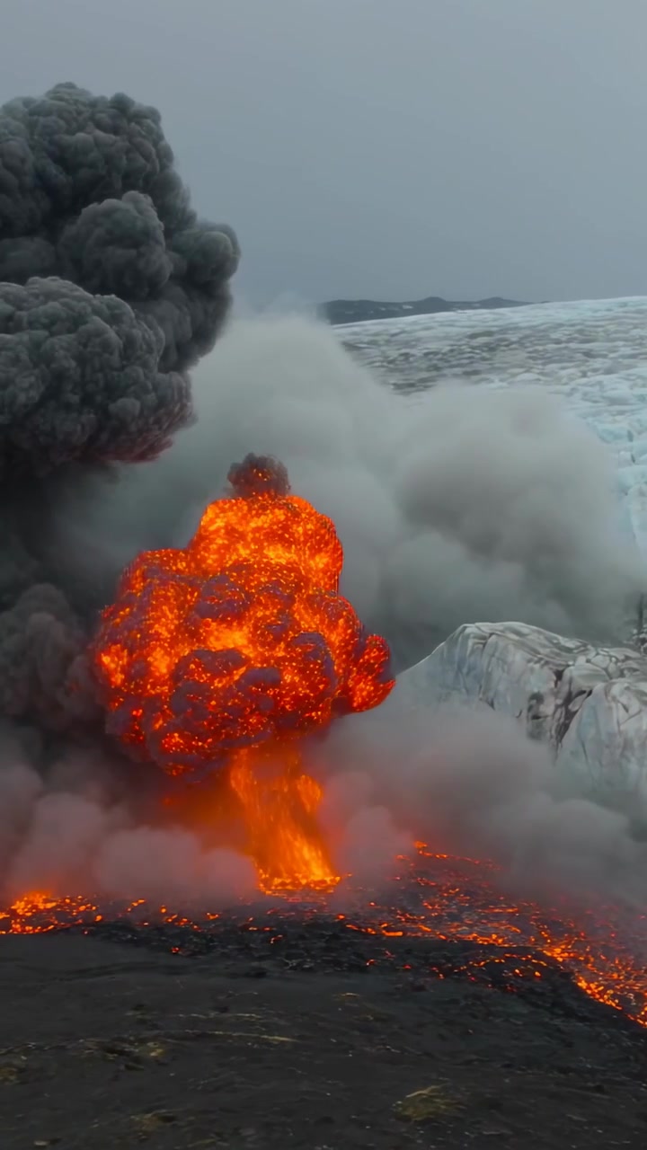 Vertikal video: Lava og is mødes, udbrud sender ildkugle mod kysten, kaster dråber og aske.