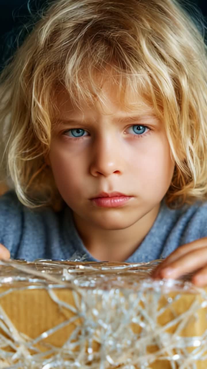 A Young Child with Striking Blue Eyes and a Pensive Expression, Gazing Thoughtfully at a Box Adorned with Delicate and Shattered Glass Fragments, Capturing a Moment of Emotion and Innocence