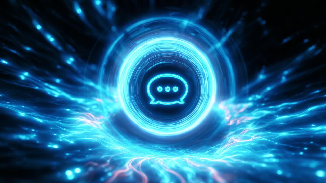 A captivating representation of digital communication, illustrating a glowing blue circular portal filled with vibrant energy and light effects, where a chat bubble symbol stands out, symbolizing interaction and connectivity in the virtual realm