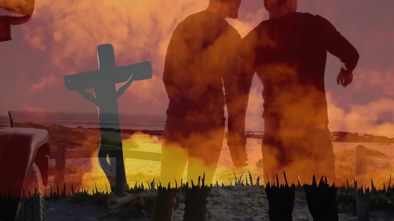 Walking on beach with cross, silhouettes of two people in sunset animation
