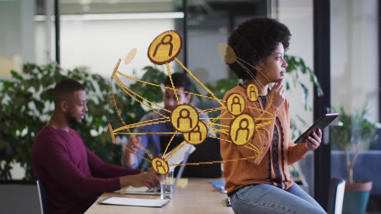 Network of connections and data processing animation over diverse people in office