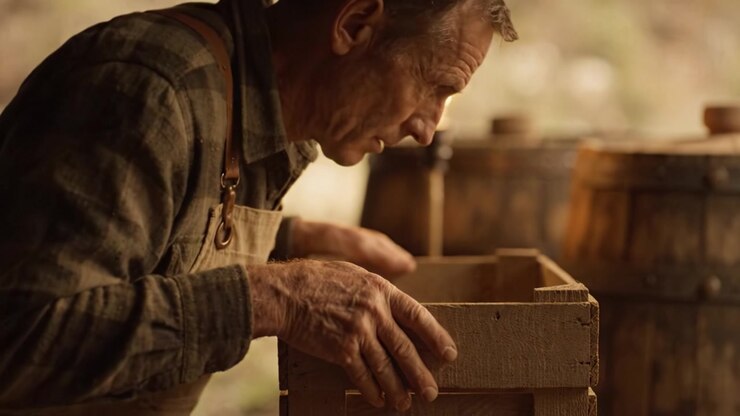 Craftsmanship in Action: A Skilled Artisan Works with Wood, Showcasing Detail and Precision in Handmade Construction Under Soft Lighting Conditions
