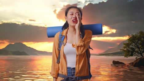 mujer viajera al atardecer junto al lago