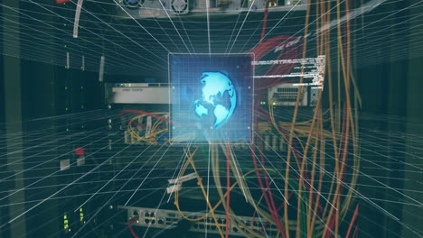 animation of globe and data processing on screen over computer wires