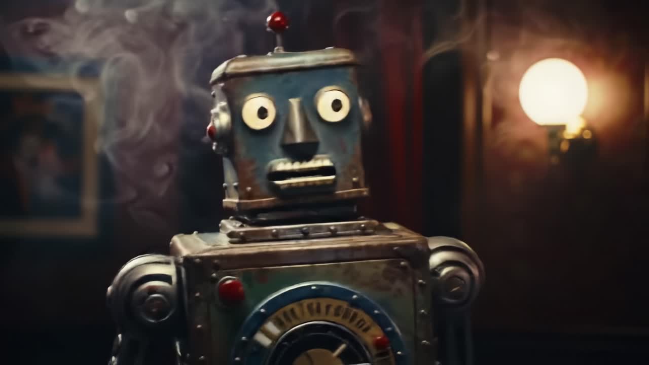 A vintage robot stands at the center of a dimly lit bar, engaging with guests under warm lights. The atmosphere is lively, filled with laughter and chatter, enhancing the unique experience.