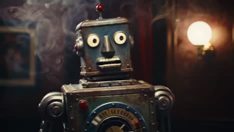 a vintage robot stands at the center of a dimly lit bar, engaging with guests under warm lights. the atmosphere is lively, filled with laughter and chatter, enhancing the unique experience.
