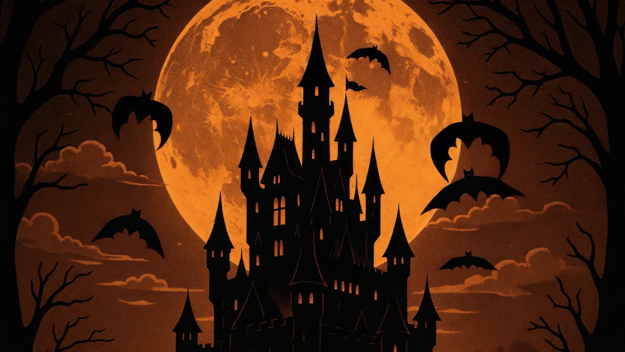 Scena video inquietante di un castello in silhouette contro una luna piena, ripreso da un'angolazione bassa