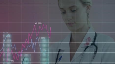 una doctora analiza datos financieros para la investigación médica.