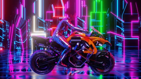 animación en bucle de una chica montando una motocicleta en una ciudad cibernética de neón. renderizado en 3d