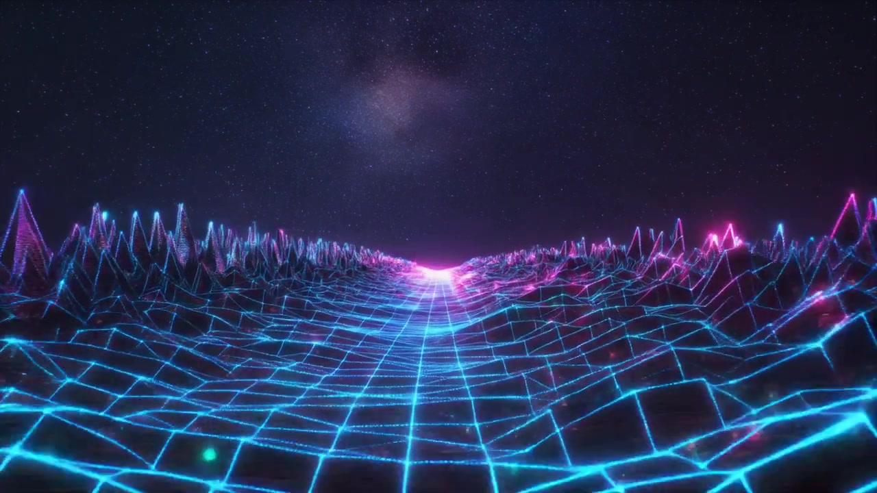 Retro Synthwave Digital Landscape with Glowing Neon Grid