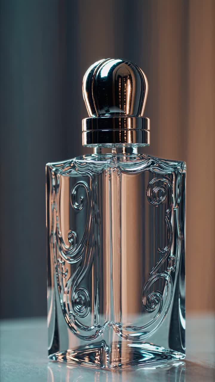 Video in primo piano di una boccetta di profumo ornata, che mostra dettagli intricati e riflessi.
