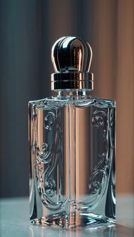 close-up video shot of an ornate perfume bottle, showcasing intricate details and reflections