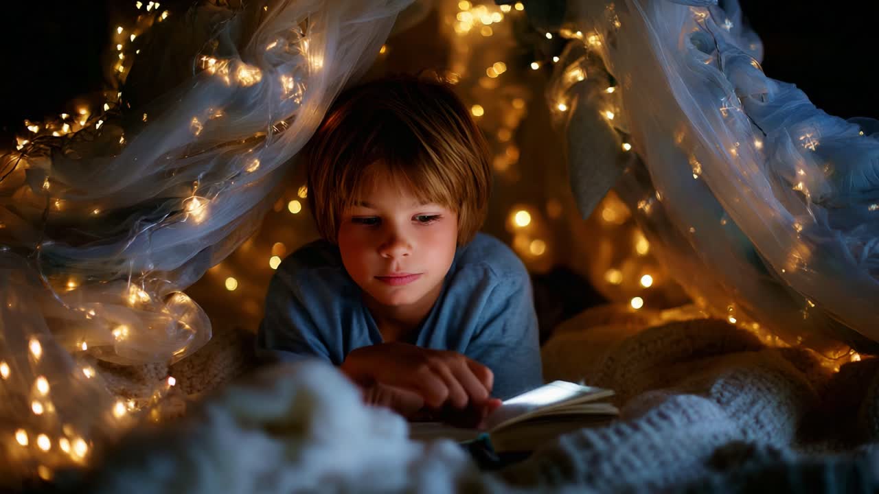 A Cozy Evening of Storytelling: A Young Child Lies in a Magical Fort of Lights and Blankets, Enjoying a Captivating Book While Surrounded by Warm Glow and Comfort