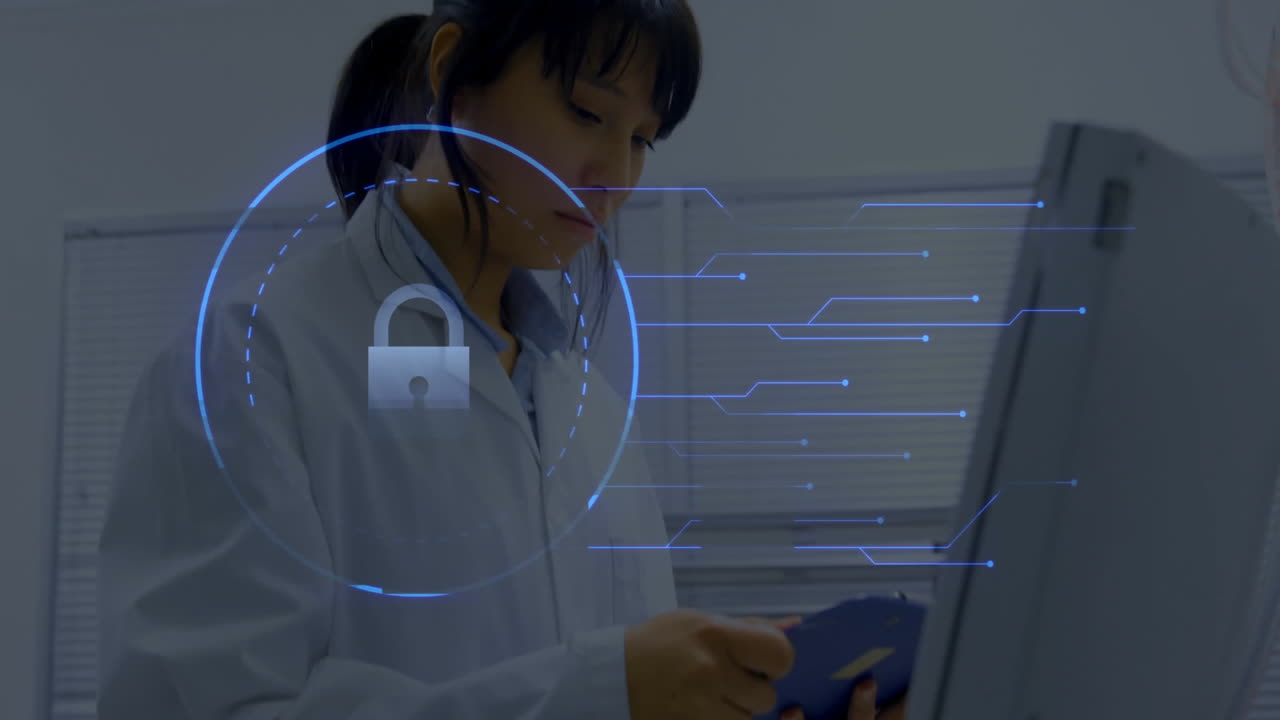 Reviewing documents, scientist sees digital security lock animation on computer screen