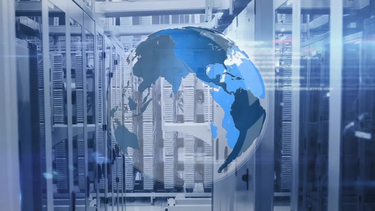 Animation of rotating globe and computer language with lens flares over data server systems