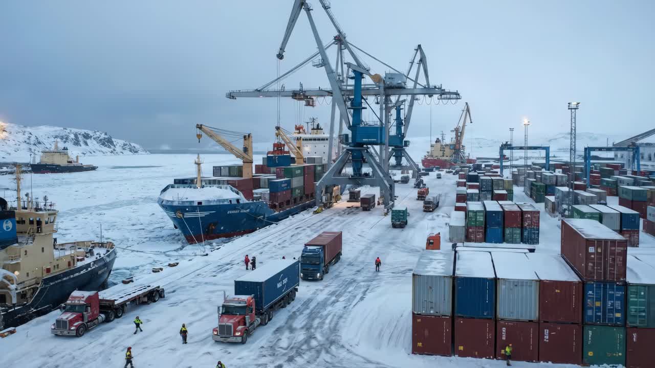 Aerial View of Busy Winter Port with Container Ships and Trucks
