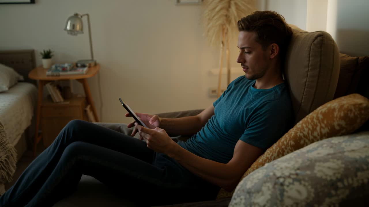 Shifting man in teal t-shirt and jeans adjusting tablet for clearer view in bedroom, with lamp