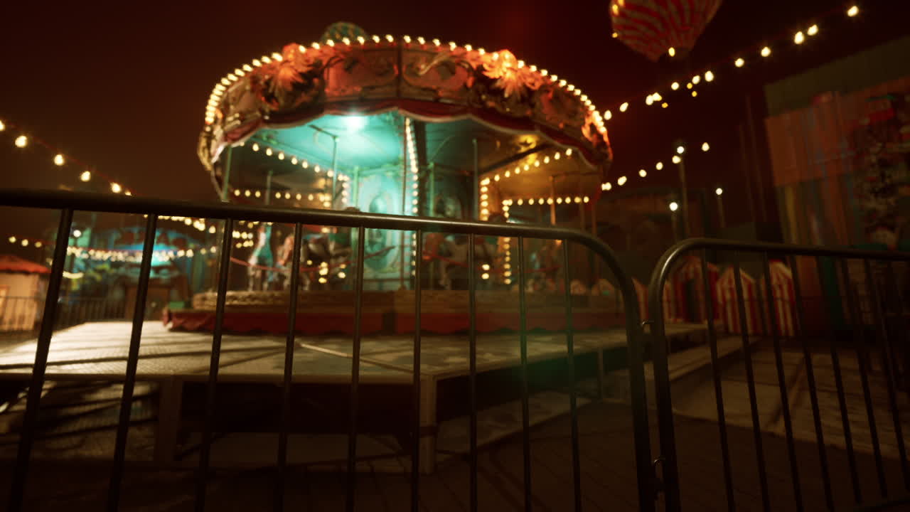 A brightly lit carousel at an empty carnival at night