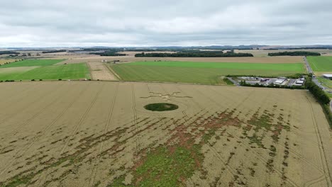 aerial view of an intricate crop circle in a rural field