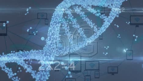 animation of math formulas,, 5g and dna over blue background
