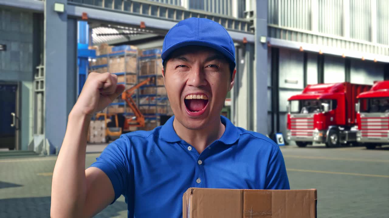 Close Up Of Asian male Courier In Blue Uniform Celebrating Succeed Delivering A Carton, Outside of Logistics Distributions Warehouse