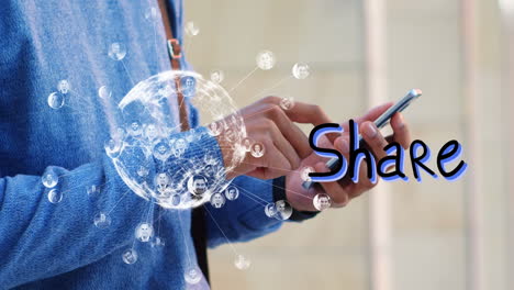 animation of globe of connections and share text over caucasian man using smartphone