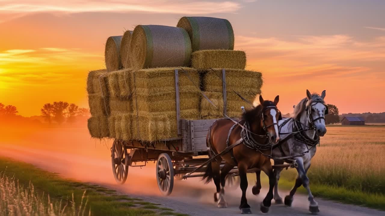 A scenic view of two horses pulling a wagon loaded with hay bales during a picturesque sunset, capturing the essence of rural life and agricultural transport
