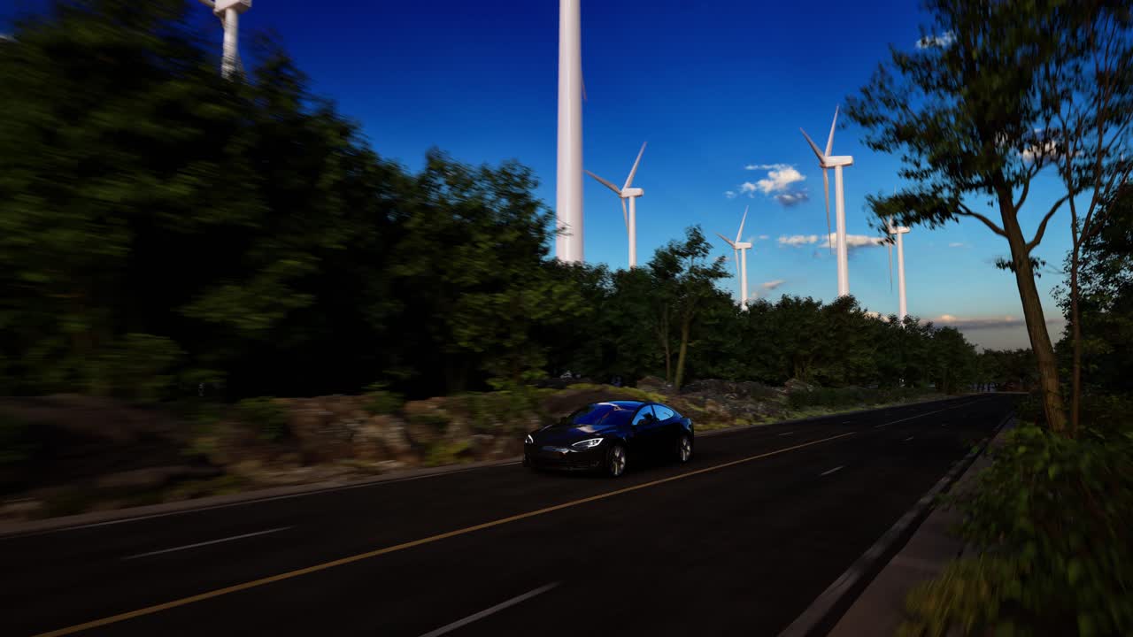 배경에 풍력 터빈을 가진 도로에서 일반적인 전기 자동차 드라이브의 3d 렌더링. 현실적인 3d 애니메이션