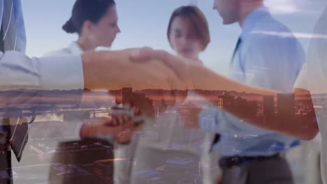 animation of business handshake and cityscape