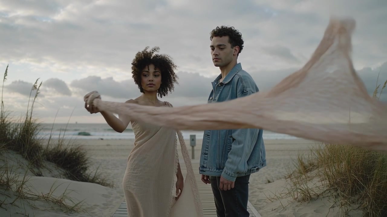 Swinging woman in beige dress waving scarf, boardwalk wind picking for shoot, man in denim watching