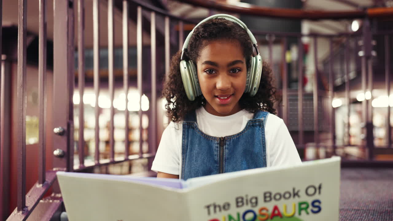 Ragazza che legge un libro sui dinosauri con le cuffie in biblioteca