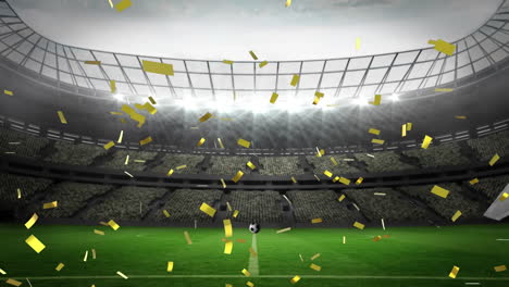 animation of gold confetti falling over football breaking through glass wall at sports stadium