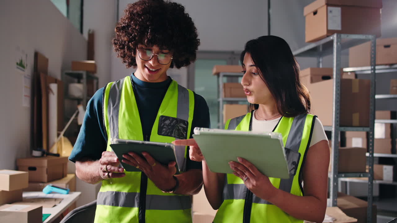 Warehouse Workers Discussing Inventory Using Digital Tablets