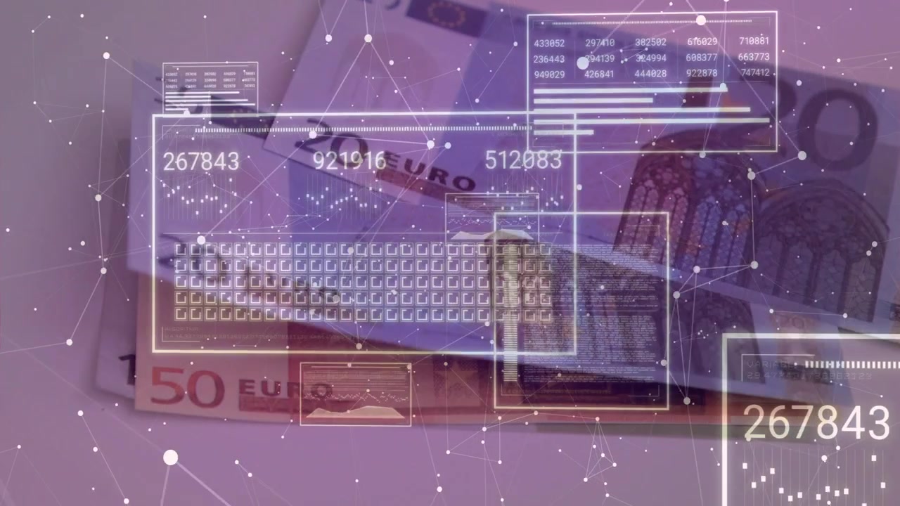 HUD overlays appearing on €20 notes, €50 appearing, panels sliding, values rising, showing security