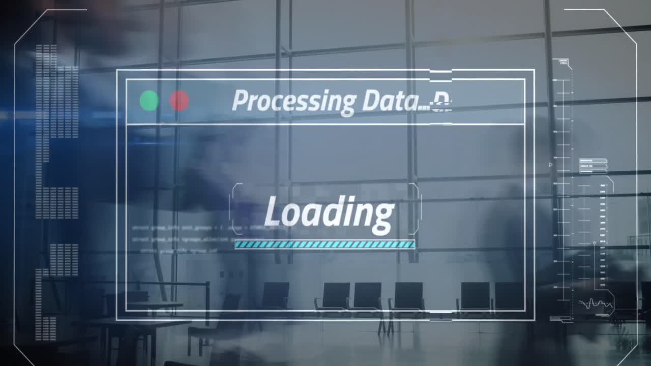 animación de la pantalla de interfaz con carga de datos a través de movimientos rápidos de los trabajadores de la oficina que caminan en el edificio