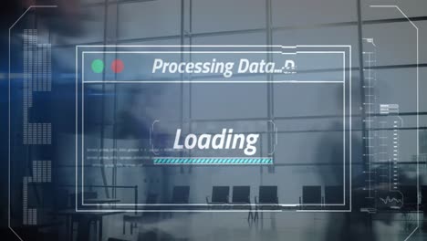 Animation-of-interface-screen-with-data-loading-over-fast-motion-office-workers-walking-in-building