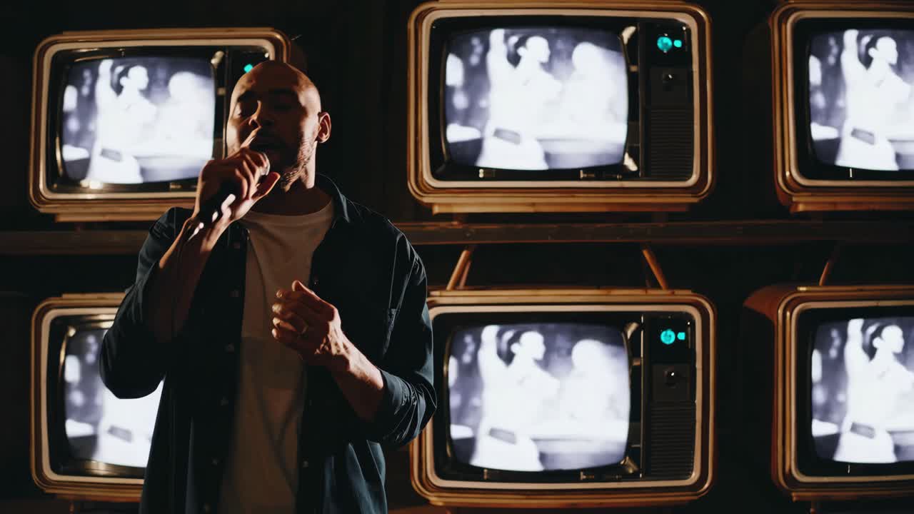 레트로 tv 앞에서 노래하는 남자