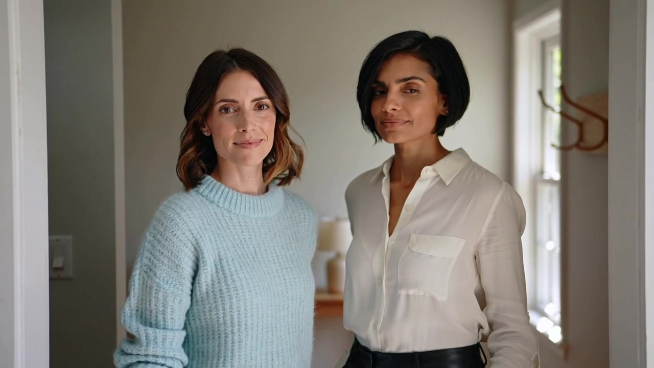 Cámara moviéndose, dos mujeres girando, posando en la entrada de una casa, con suéter azul y blusa blanca, y una lámpara