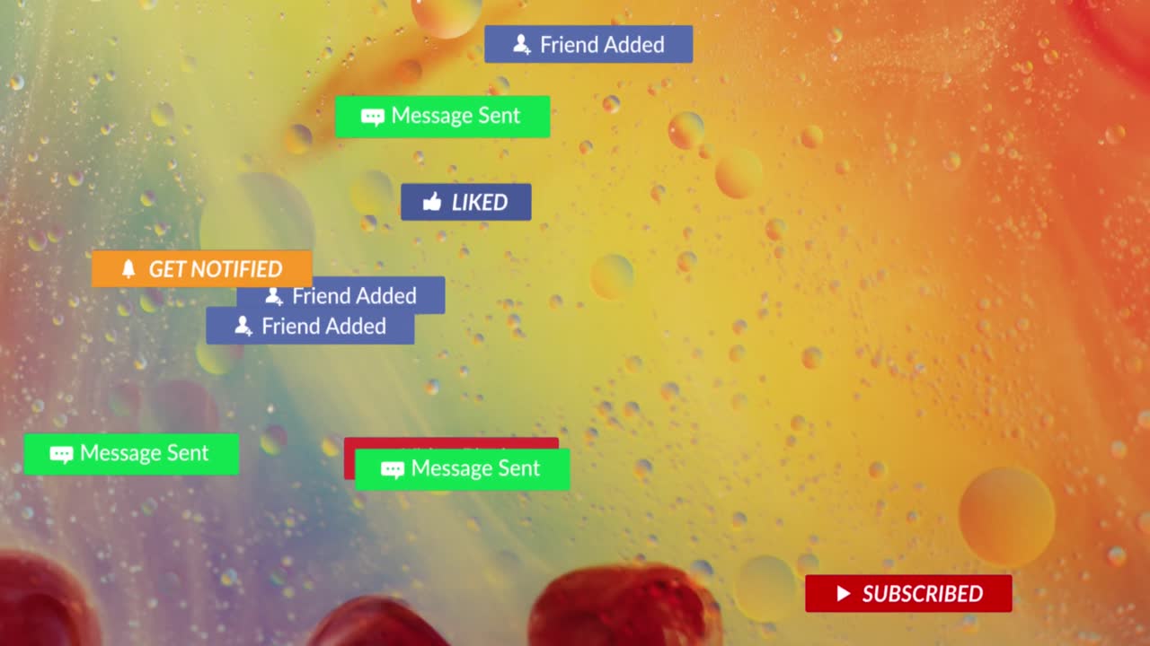 소셜 미디어 텍스트와 아이콘의 애니메이션 액체와 바블의 클로즈업