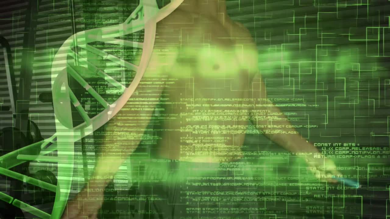 데이터 프로세싱과 강인한 사람의 운동을 하는 dna 가닥의 애니메이션