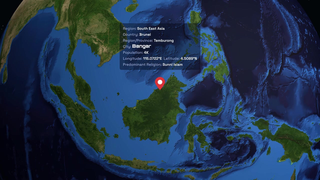 Global View of Earth Rotating and Zooming to Bangar, Brunei